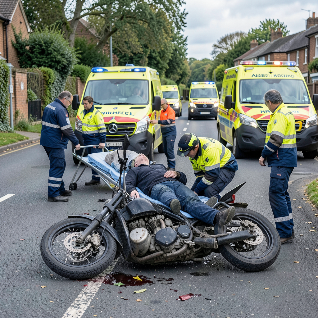 Motorcycle crash on Abbs Cross Lane, Hornchurch, leaves man injured and road blocked